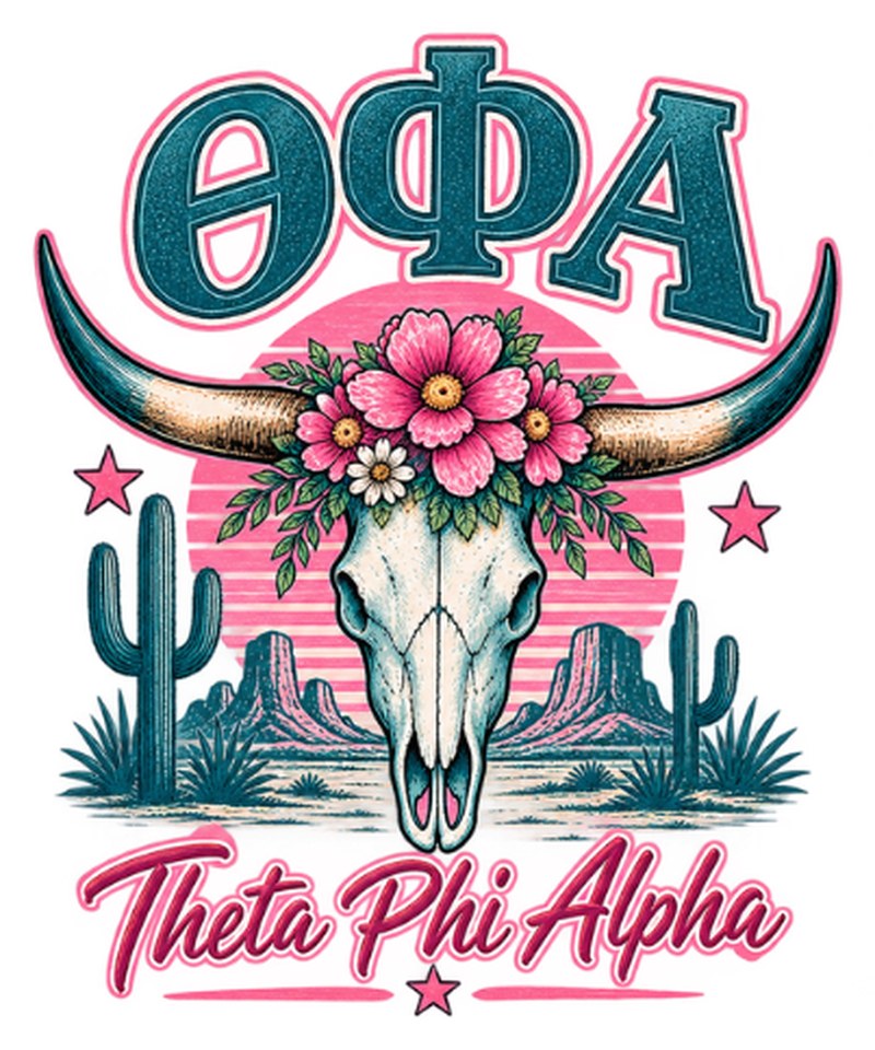 Theta Phi Alpha — Rooted in Sisterhood Est. 1912 — left chest logo
